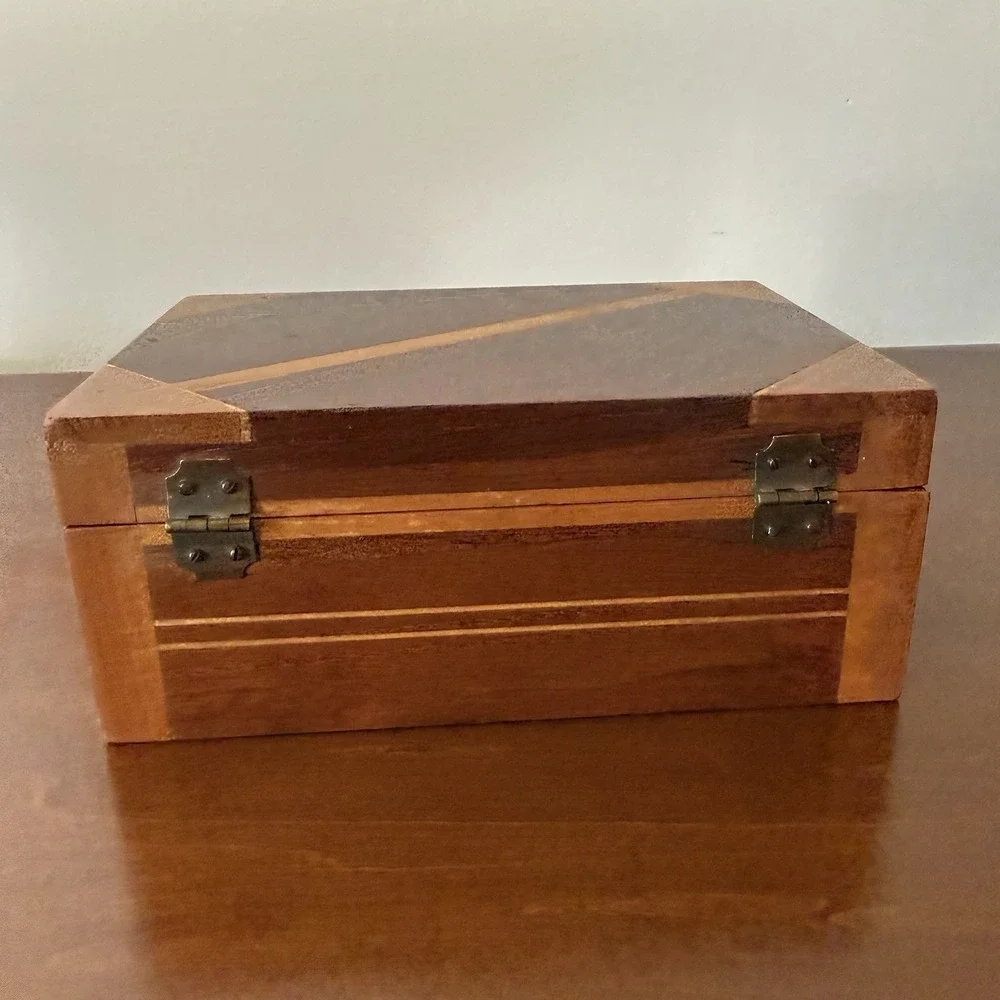 Vintage Wooden Inlay Hinged Keepsake Jewelry Box Velvet Lined Geometric Mother